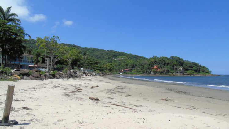 uma praia perto do oceano com uma casa ao fundo