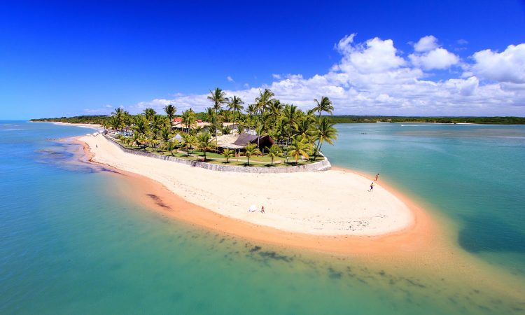 uma vista aérea de uma ilha tropical com palmeiras