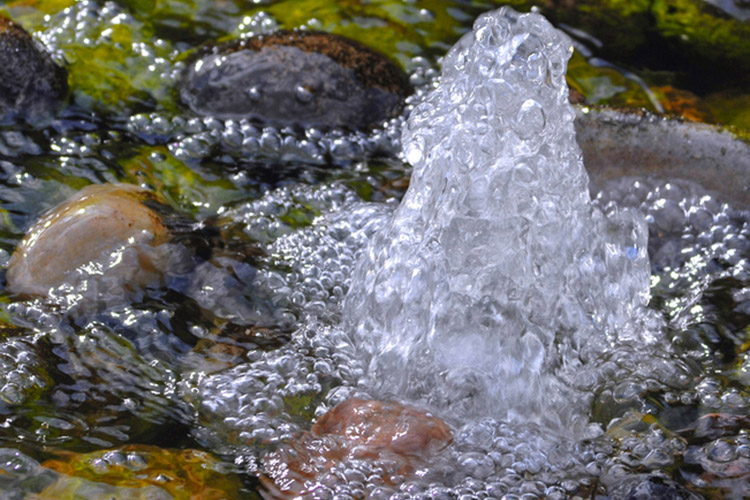 um close de uma fonte de água cercada por pedras