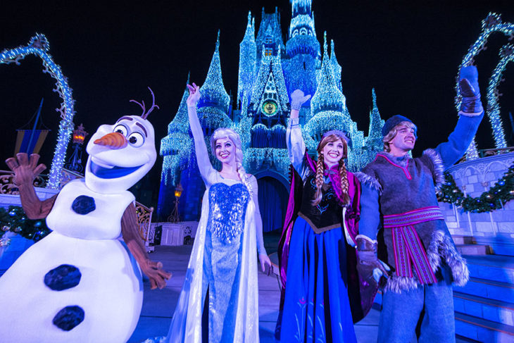 New in 2014, Queen Elsa from “Frozen” uses her incredible powers to transform Cinderella Castle into a glistening ice palace for the holidays. Joined on the Forecourt stage by Princess Anna, rugged mountain man Kristoff and Olaf, the summer-loving snowman, Elsa bestows this gift onto the people of Magic Kingdom with colorful snowflakes, fireworks and a special effects spectacle bathing the castle in 200,000 shimmering white lights. Magic Kingdom guests are treated nightly to the dramatic “A Frozen Holiday Wish” stage show. (Matt Stroshane, photographer)