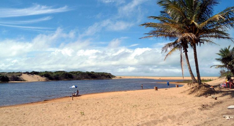 um grupo de pessoas em pé no topo de uma praia arenosa