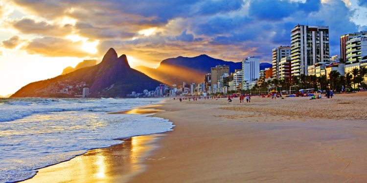 Ipanema beach with spectacular mountain called